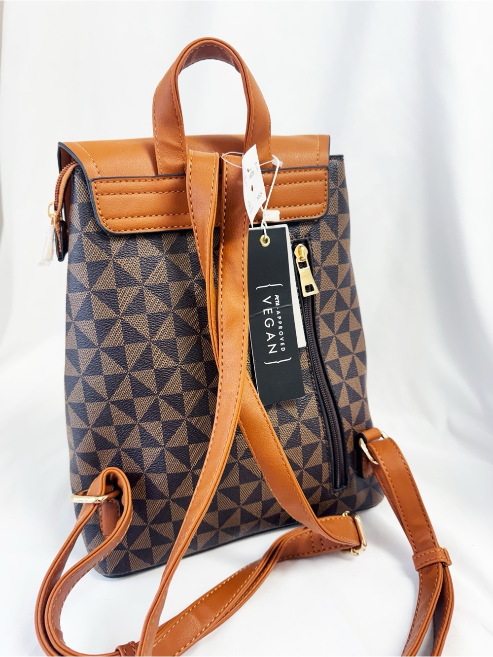 ATRIE vegan leather geometric fashion backpack, brown & Cognac, Front Flap NWT - Picture 4 of 10